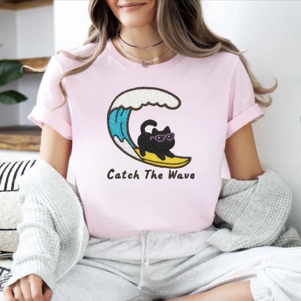 Catch The Wave Embroidered Cat Shirt – Surfing Black Cat Summer Tee for Cat Lovers