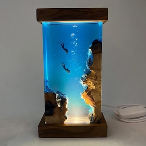 Ocean Resin Lamp, Birthday Gift Scuba Diver Epoxy Resin Night Light, Diving Personalised Handmade Wooden Light, Unique Home Decor Gifts