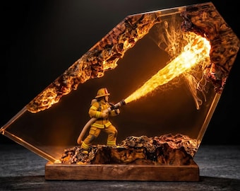 Hero Firefighter Resin Lamp, Fire Department Epoxy Night Light, First Responder Desk Decor, Retirement Gift for Fireman, Unique Gift for Dad