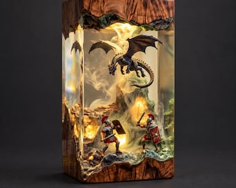 Lámpara de resina "Dragón contra Guerreros Ancestrales", diorama de batalla épica de fantasía, luz nocturna, decoración de criaturas míticas, regalo para jugadores de rol, lámpara de madera epoxi.