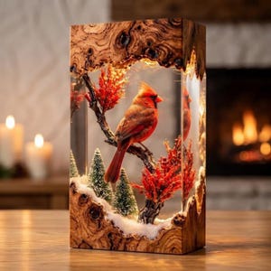 Red Cardinal Resin Lamp, Winter Snow Diorama Night Light, Bird Lover Art, Unique Christmas Gift For Family, Handmade Epoxy Wood Lamp