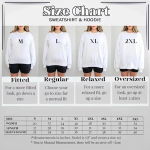 May include: A sweatshirt and hoodie size chart, with models wearing white tops. The chart provides measurements in inches, from S to 5XL, including width, length, and sleeve length. The text "Size Chart" is at the top.