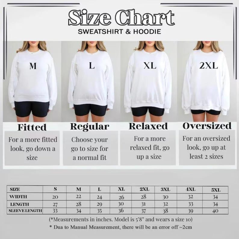May include: A sweatshirt and hoodie size chart, with models wearing white tops. The chart provides measurements in inches, from S to 5XL, including width, length, and sleeve length. The text "Size Chart" is at the top.