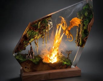 Three Headed Dragon Resin Lamp, Epic Hydra Diorama Night Light, Fantasy Epoxy Wood Art, Gamer Desk Decor, Unique Gift for Him