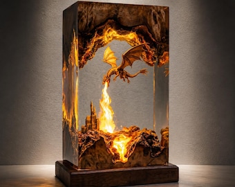 Fire Breathing Dragon Resin Lamp, Castle Diorama Night Light, Fantasy Gamer Room Decor, Wood Resin Art Desk Lamp, Unique Gift for Him