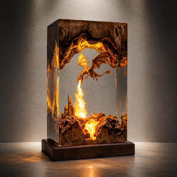 Fire Breathing Dragon Resin Lamp, Castle Diorama Night Light, Fantasy Gamer Room Decor, Wood Resin Art Desk Lamp, Unique Gift for Him