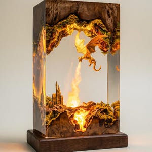 May include: A rectangular lamp made of dark wood and clear resin featuring an internal diorama. A miniature dragon is suspended in the resin, breathing fire toward a small castle structure nestled in the wood base. The scene is illuminated from within.