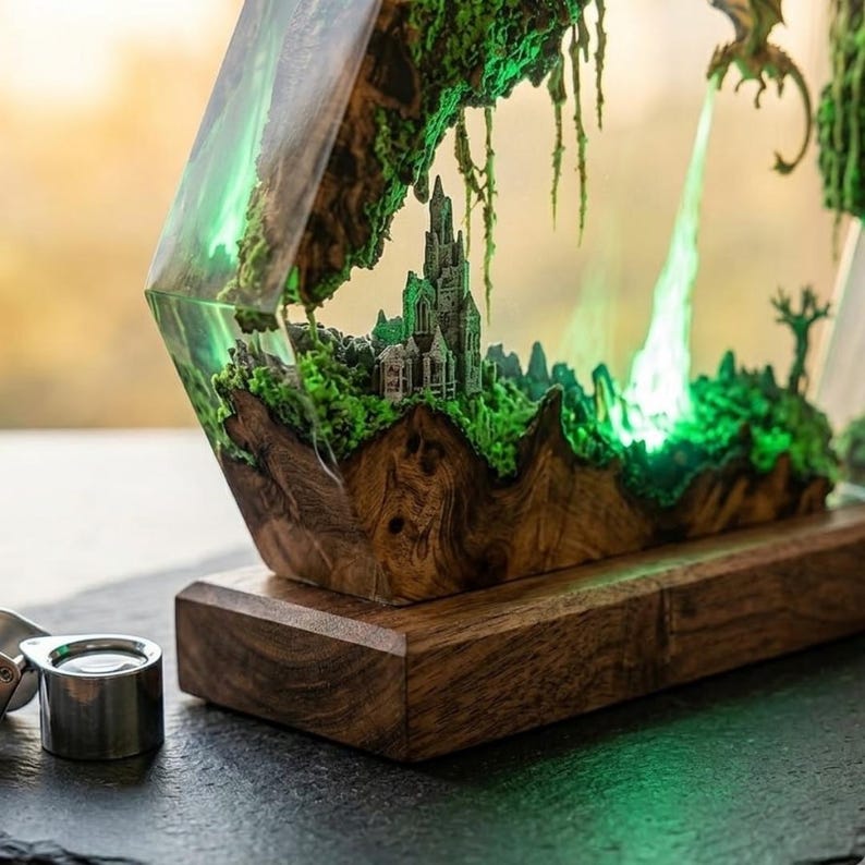 May include: A decorative resin and wood lamp featuring a miniature castle and green moss encased in clear resin. The piece includes a glowing green light effect, a dark wooden base, and a small dragon figure perched above the castle structure.
