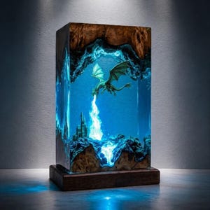 Fire Breathing Dragon Resin Lamp, Castle Diorama Night Light, Fantasy Gamer Room Decor, Wood Resin Art Desk Lamp, Unique Gift for Him image 5