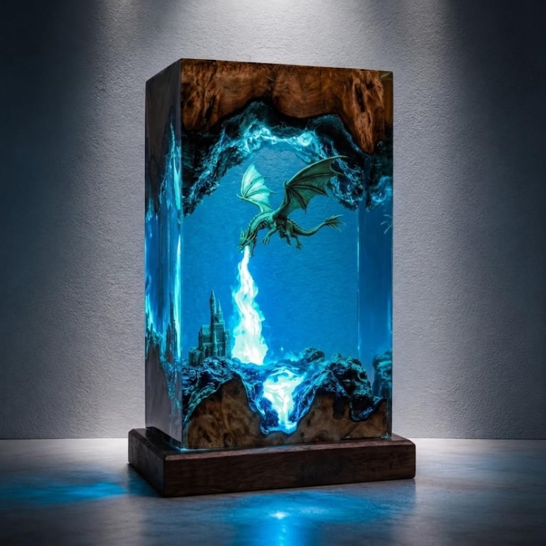 Fire Breathing Dragon Resin Lamp, Castle Diorama Night Light, Fantasy Gamer Room Decor, Wood Resin Art Desk Lamp, Unique Gift for Him image 5