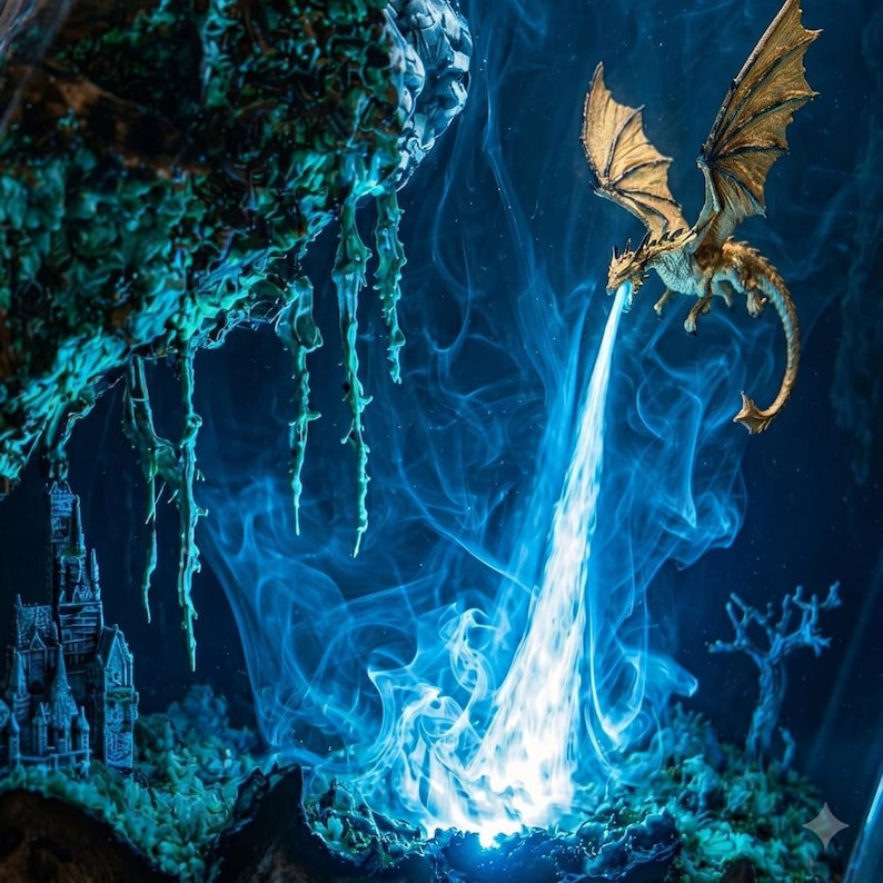 May include: A golden dragon figurine in flight, exhaling a bright blue stream of smoke toward a dark, textured landscape. The scene includes a small, detailed castle structure and a bare, skeletal tree set against a deep blue, smoky background.