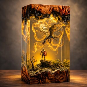 May include: A rectangular lamp featuring a natural wood base and top with a clear resin center. Inside the resin, a miniature knight in armor with a shield stands on a rocky outcrop, while a golden dragon flies above amidst swirling orange light.