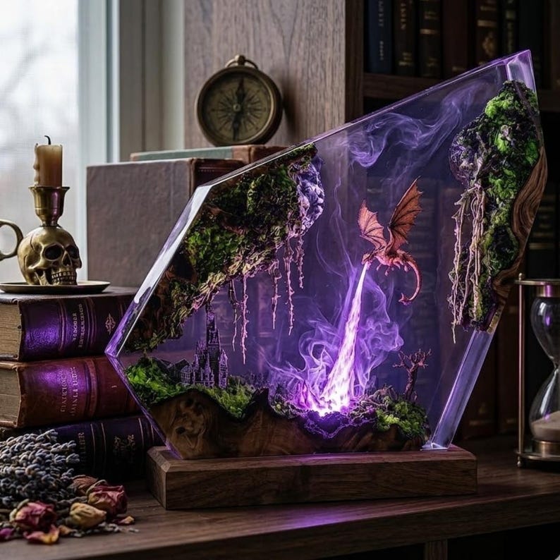 May include: A triangular resin display piece featuring a miniature dragon in flight, emitting a purple light stream over a mossy landscape with a small castle. The scene is encased in clear purple-tinted resin on a wooden base.