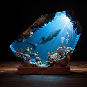 Walvishaai en zeeschildpad oceaandiorama, schuin geplaatste epoxyhars houten nachtlamp