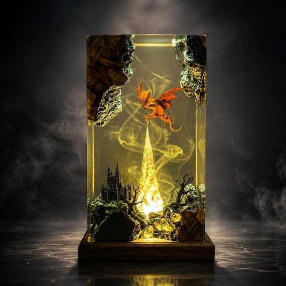 Fire Breathing Dragon Resin Lamp, Handmade Epoxy Wood Night Light, Fantasy Gaming Decor, Unique Gift for Him, LED Desk L