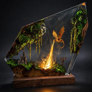 May include: A resin and wood sculpture featuring a miniature dragon breathing fire over a landscape with green moss, hanging vines, and a small castle structure. The piece is set on a rectangular wooden base and includes integrated lighting.