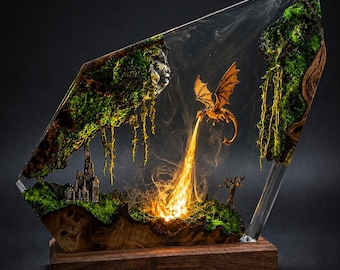 Dragon Resin Lamp Fantasy Diorama, LED Dragon Fire Nachtlampje, Handgemaakte epoxyharskunst, Gothic Fantasy Decor, Dragon Lover Gif