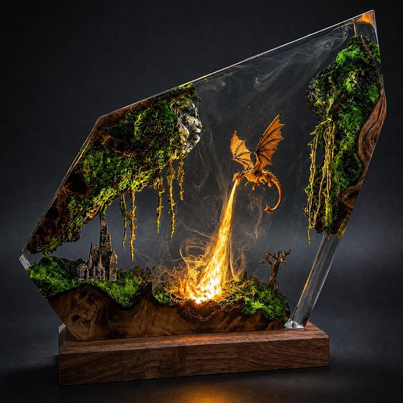 May include: A resin and wood sculpture featuring a miniature dragon breathing fire over a landscape with green moss, hanging vines, and a small castle structure. The piece is set on a rectangular wooden base and includes integrated lighting.