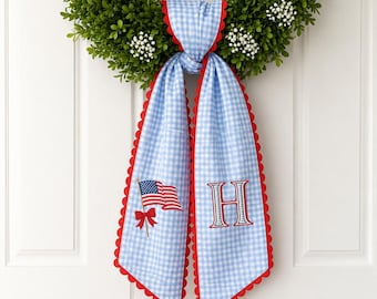 Geborduurde gepersonaliseerde USA vlag krans sjerp, zomer Toile voordeur boog, aangepast monogram Seersucker deur decor, 4 juli decor