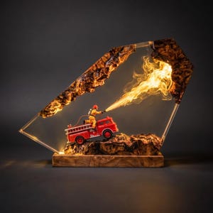Puede incluir: Una lámpara decorativa con un camión de bomberos rojo en miniatura y una figura de bombero rociando un chorro de luz que imita llamas, encapsulado en un bloque de resina transparente entre dos piezas de madera oscura natural con base rectangular.