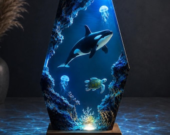 Lampe orque, diorama océan orque et tortue de mer, art en résine époxy fait main, décoration d'intérieur côtière, cadeau pour maman, lampe océan en résine, veilleuse