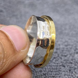 Handmade 925 Sterling Silver Spinner Ring for Women, Wide Band Fidget Ring with Brass Spinning Bands, Meditation Anxiety Boho Thumb Ring