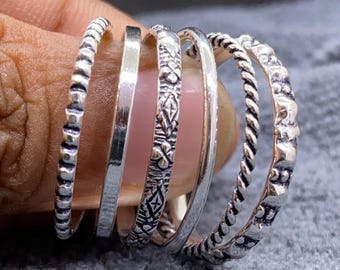 925 Sterling Silver Stacking Rings Set of 6 – Dainty Thin & Thick Rings, Beaded, Twisted, Dotted, Thumb Midi Rings, Handmade Stackable Bands