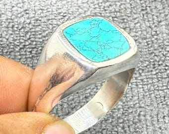Turquoise Signet Ring Men • 925 Sterling Silver Men&#39;s Ring • Square Turquoise Ring • Handmade Statement Ring • Gift for Him