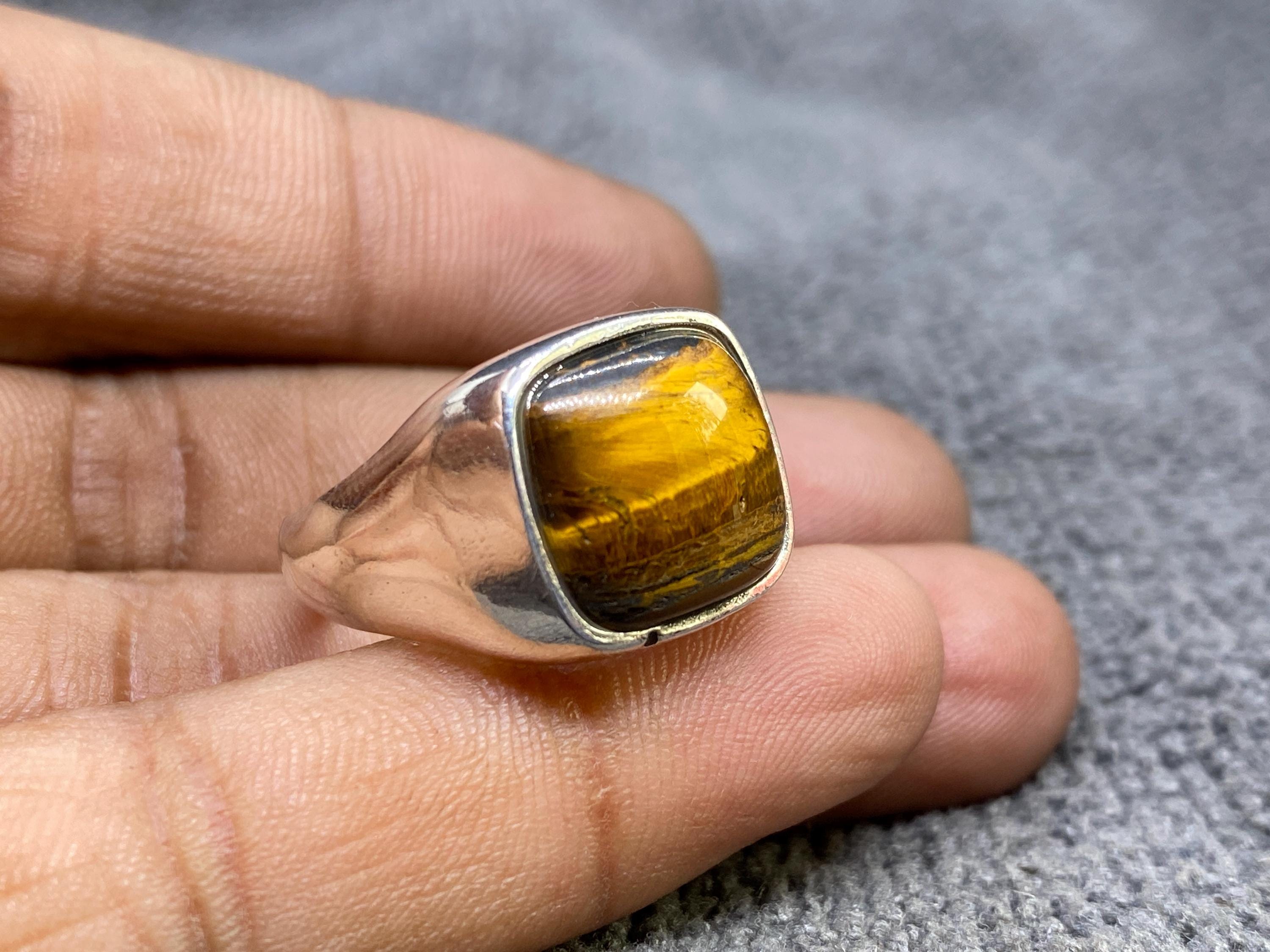 Men's Tiger Eye Signet Ring, Solid 925 Sterling Silver Statement Ring, Handmade Square Gemstone Ring, Gift for Him, Bold Ring for Men