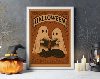 The Reading Ghost Poster, Halloween Poster, Halloween Wall Art, Halloween Print, Halloween Gift, Cute Ghost Poster,Ghost Black Cat Wall Art