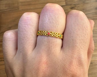 24K Solid Gold Enemal Flower Ring, Wedding Band, AU999 (Lightweight, Durable)