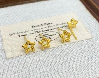 Pure 24k Solid Gold Star Studs， Earrings (AU999)