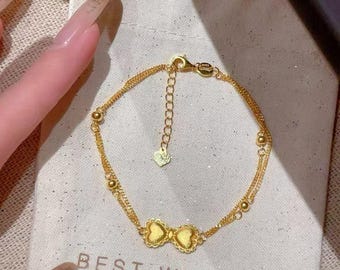 Pure 24k Solid Gold Bow Bowknot Bracelet, Lobster Clasp,  AU999