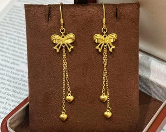 Pure 24k Solid Gold Bowknot Knot Earrings (AU999)