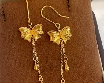 Pure 24k Solid Gold Bowknot Knot Earrings (AU999)