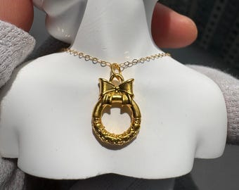 Wisiorek z kokardą z litego złota 24K, naszyjnik z łańcuszkiem kablowym szlifowanym diamentem, prezent na Walentynki