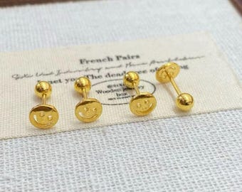 Pure 24k Solid Gold  Smiling Face Studs，  Earrings (AU999)
