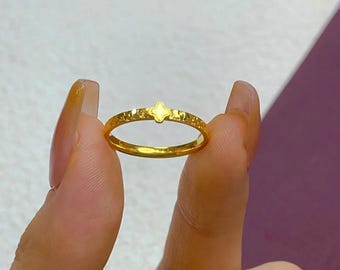 24K Solid Gold Cracked Ice Four Leaf Clover Ring, AU999