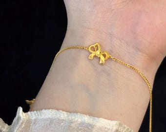 Pure 24k Solid Gold Bow Bowknot Bracelet, S Hook Clasp,  AU999