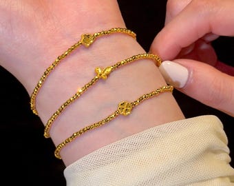 Pure 24k Solid Gold Bead ball Butterfly，Star，Four Leaf Clover  Bracelet, AU999