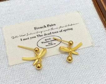 Pure 24k Solid Gold  Bow Ball Earrings (AU999)