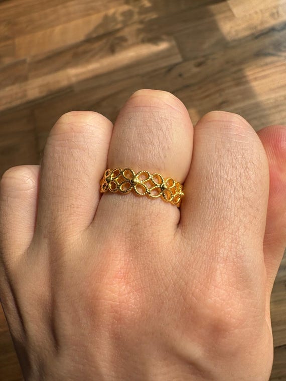 24K Solid Gold Flower Ring, Wedding Band, AU999 (Lightweight, Durable)