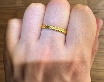 24K Solid Gold Ear of Wheat Ring, Wedding Band, AU999 (Lightweight, Durable)