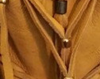 Cross body medicine bag/medicine bag/ gold leather pouch/shoulder bag/deer skin/braided straps/double drawstrings