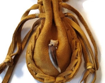 Badger claw/gold leather/ suede out/medicine bag/pouch/double drawstring/fringe/drawstring/crystals/coins/