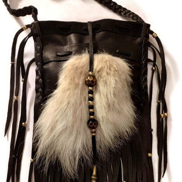 Coyote fur 6x6 crossbody black deer skin/purse/medicine bag/possibles bag/ leather pouch/shoulder bag/ primitive
