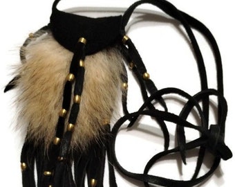 Coyote neck bag/necklace/black deerskin/coyote fur/medicine bag/neck pouch/crystal pouch