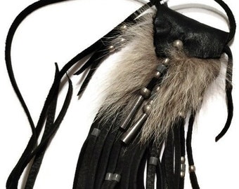 Coyote fur neck bag/necklace/black deerskin/medicine bag/neck pouch/crystal pouch