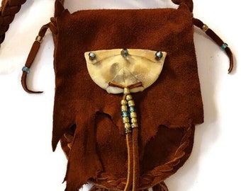 Turtle piece tobacco leather suede out/leather medicine bag/leather pouch/coin purse/handmade/deerskin leather/neckwear