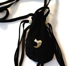 Bobcat claw/black leather/ suede out/medicine bag/pouch/double drawstring/fringe/drawstring/crystals/coins/